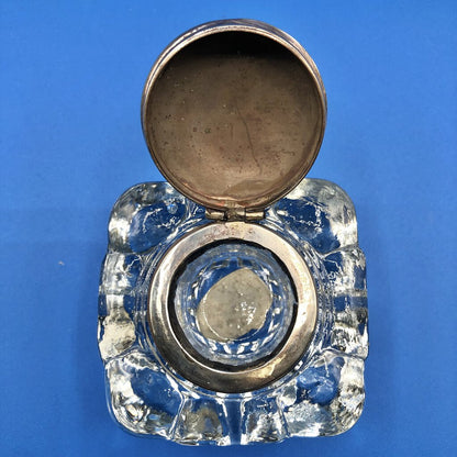 Vintage Silver over Brass Glass Inkwell /b