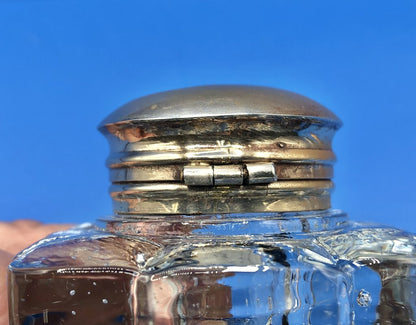 Vintage Silver over Brass Glass Inkwell /b