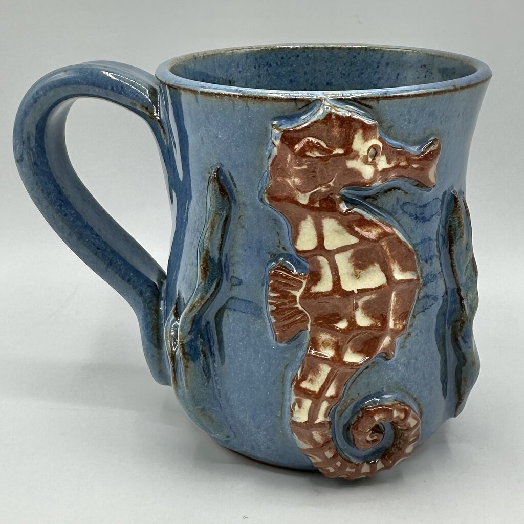 Vintage Mudworks USA 4.5 Inch Blue Seahorse Art Pottery Mug /cb