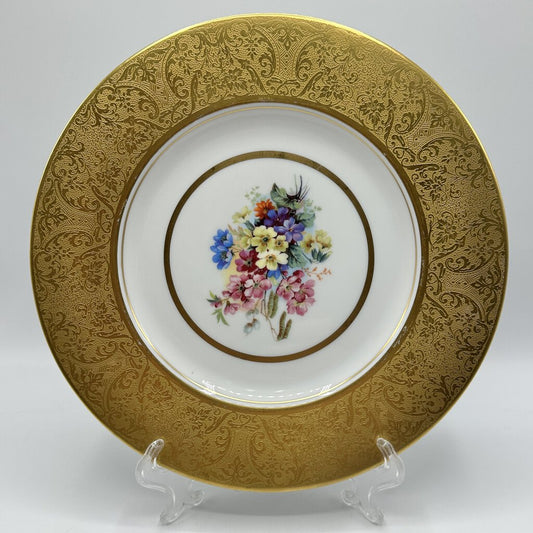 Vintage Hutschenreuther Royal Bavaria 22k Gold Encrusted Dinner Plate Floral Center /cb