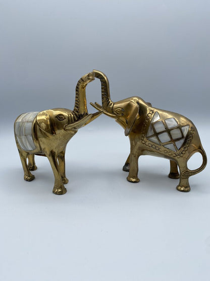 VTG. Set of 2 Brass Elephants Inlaid Mother of Pearl Saddles Trunks Up /ro