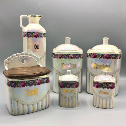 Antique Lusterware Germany Iridescent Floral Canister Set Farmhouse Kitchen /b