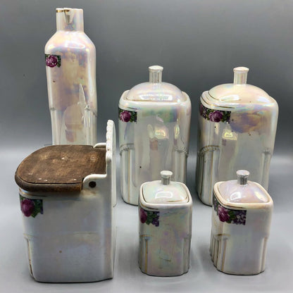 Antique Lusterware Germany Iridescent Floral Canister Set Farmhouse Kitchen /b