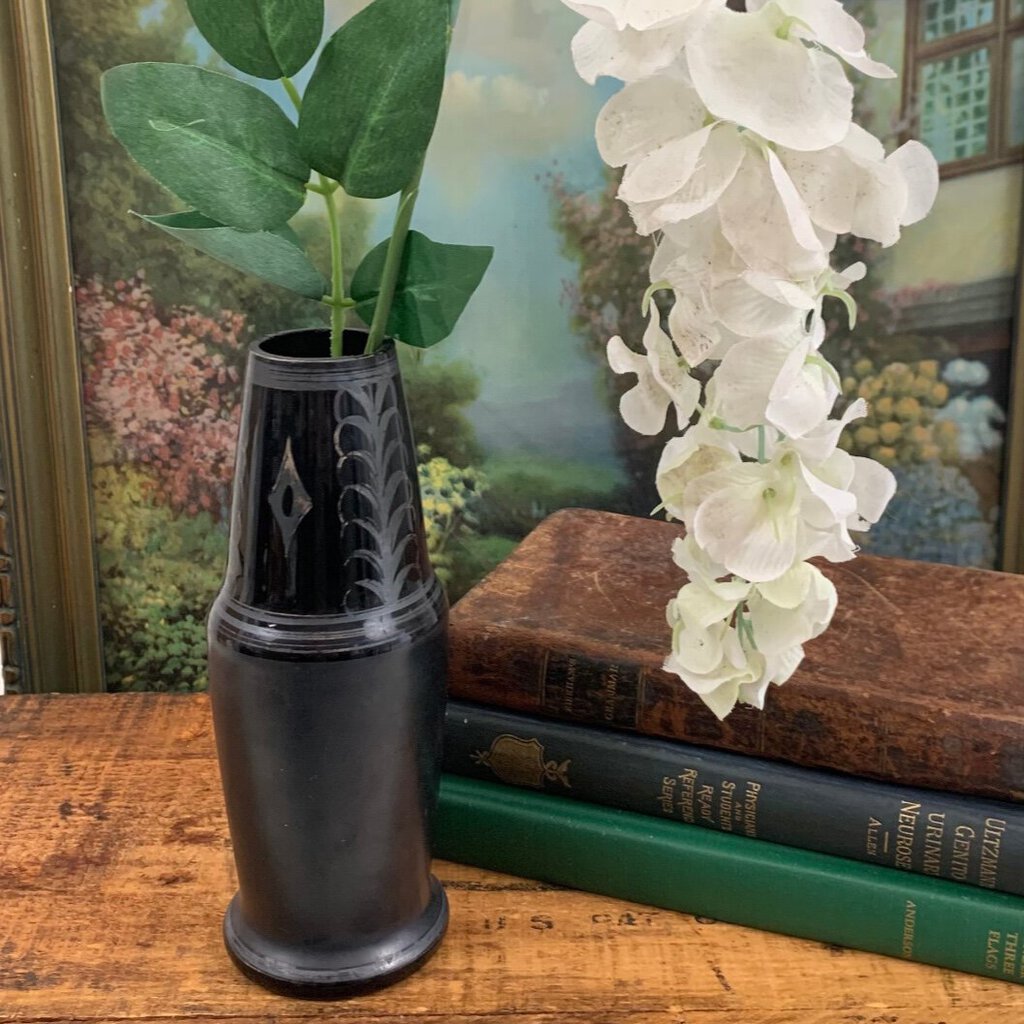 Vintage 1930s Art Deco Black Glass Vase, Made in Czechoslovakia /cb