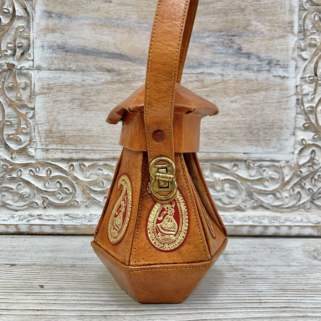 Vintage Unique Leather India Dancer Pagoda/Temple Shaped Handbag /cb