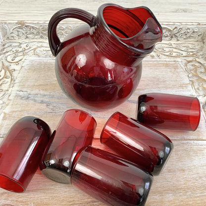 Vintage Anchor Hocking Royal Ruby Slant Pitcher and Roly Poly 4 oz. Juice Tumblers Set/6 /cb