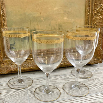 Vintage Crystal Gold Gilded Wine Glasses Set/4 /cb