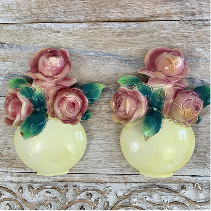 Vintage Ceramic Roses in Vase Wall Hangings Set/2 /cb