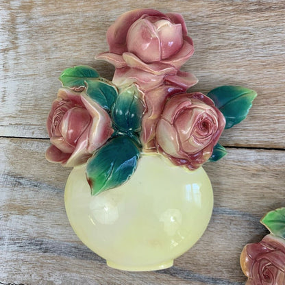 Vintage Ceramic Roses in Vase Wall Hangings Set/2 /cb