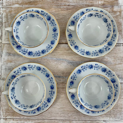 Vintage Arabia of Finland Blue Flower Teacups and Saucers Set/4, Mid-Century Scandinavian /cb