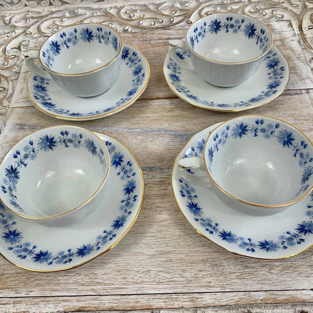 Vintage Arabia of Finland Blue Flower Teacups and Saucers Set/4, Mid-Century Scandinavian /cb