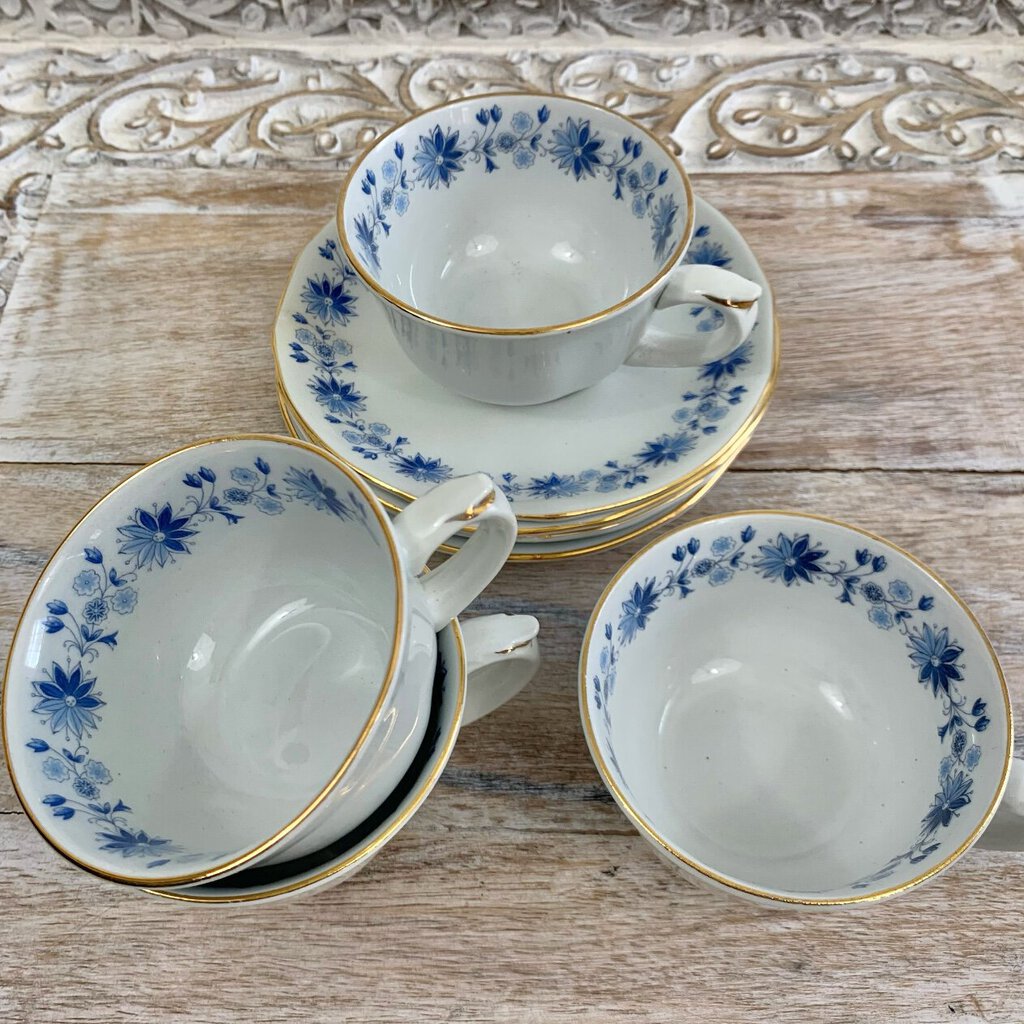 Vintage Arabia of Finland Blue Flower Teacups and Saucers Set/4, Mid-Century Scandinavian /cb