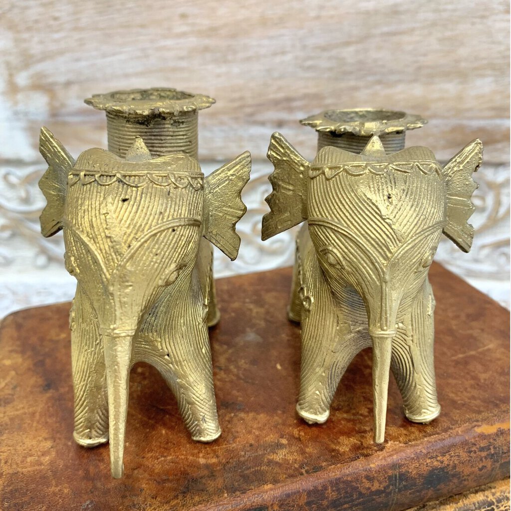 Vintage Brass DHOKRA Elephant Candlestick Pair /cb