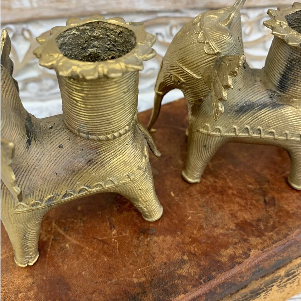 Vintage Brass DHOKRA Elephant Candlestick Pair /cb