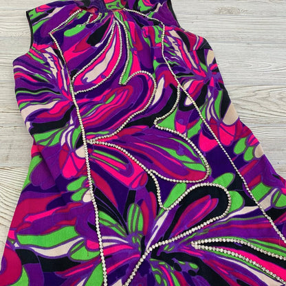 Vintage Groovy Psychedelic Printed Top/Tunic with Rhinestone Accents /cb