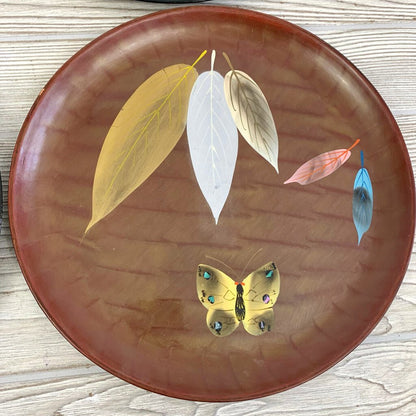 Vintage Mid-Century Enesco Lacquerware Leaf and Butterfly Plates/Trays Set/4, Made in Japan /cb