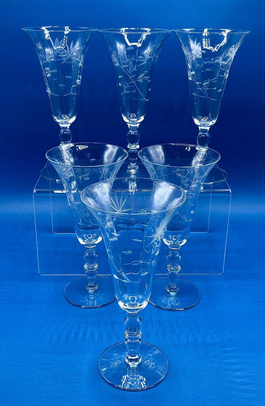 Vintage 1940’s Floral Etched Slender Wine Glass Set of 6 /b