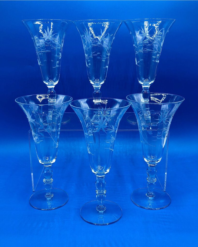 Vintage 1940’s Floral Etched Slender Wine Glass Set of 6 /b