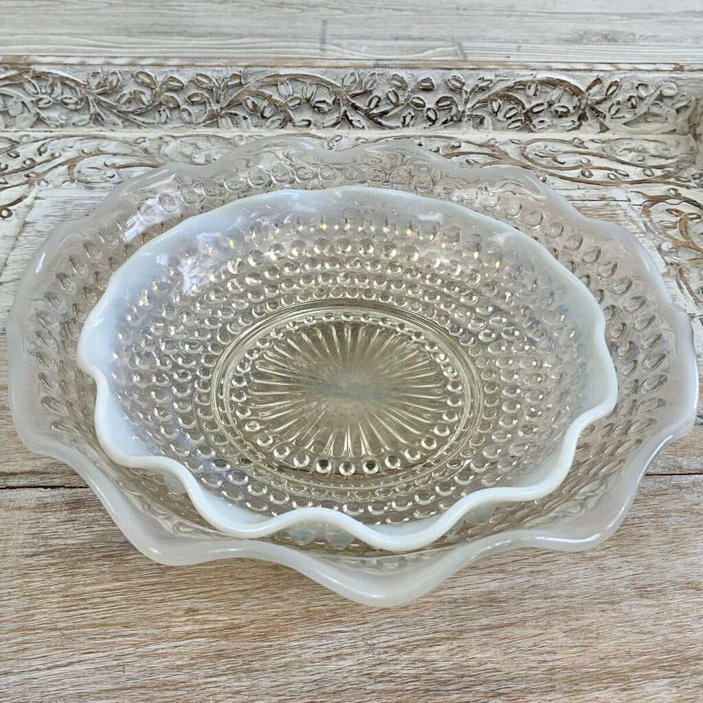 Vintage Anchor Hocking Hobnail Moonstone Opalescent Crimped Bowls Set/2 /cb