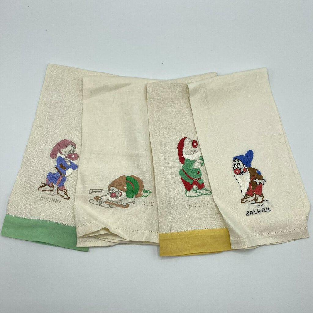 Vintage Set of 4 Hand Stitched Tea Towels w/4 of The 7 Dwarfs from Snow White /cb