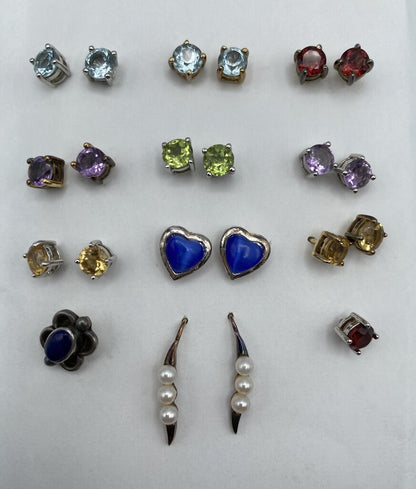 Estate Lot of 10 Pairs of Sterling Silver Gemstone Stud Pierced Earrings /ro