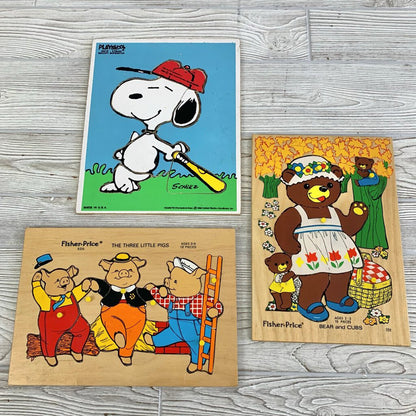 Lot of 3 Vintage Children’s Wooden Tray Puzzles, Three Little Pigs, Bear and Cubs, Snoopy