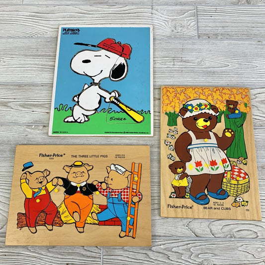 Lot of 3 Vintage Children’s Wooden Tray Puzzles, Three Little Pigs, Bear and Cubs, Snoopy