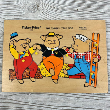 Lot of 3 Vintage Children’s Wooden Tray Puzzles, Three Little Pigs, Bear and Cubs, Snoopy