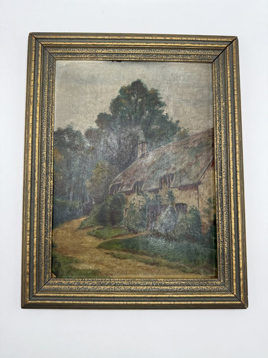 Charming Antique 12”x9” Original Painting Thatched Cottage Framed /ro