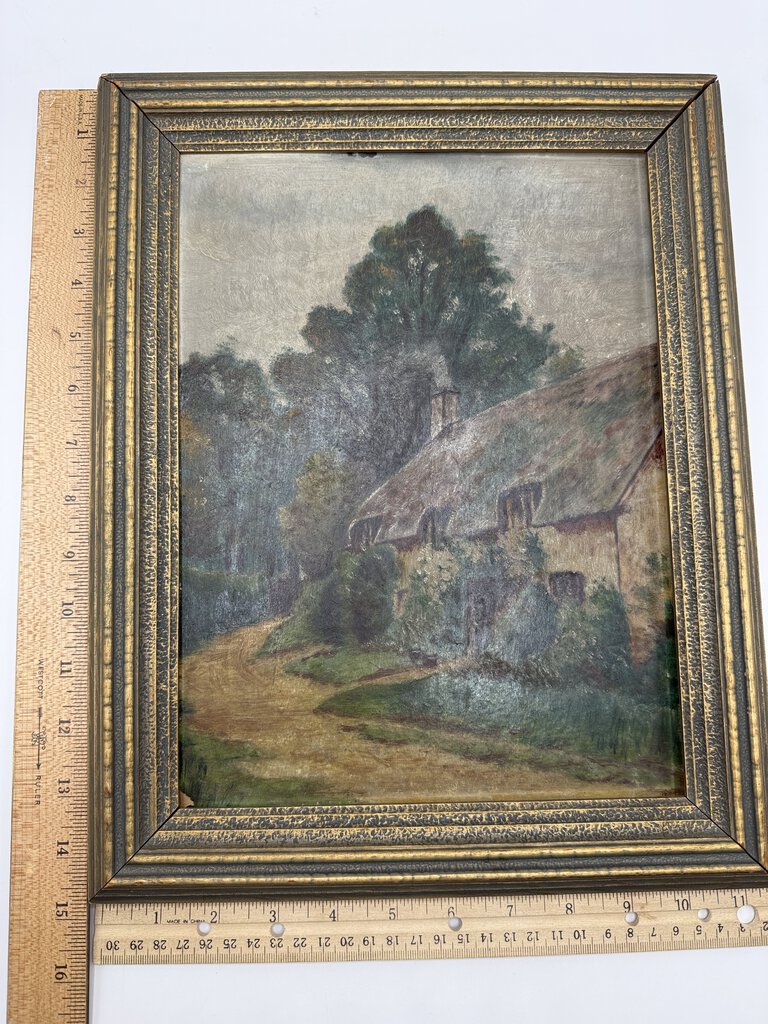 Charming Antique 12”x9” Original Painting Thatched Cottage Framed /ro