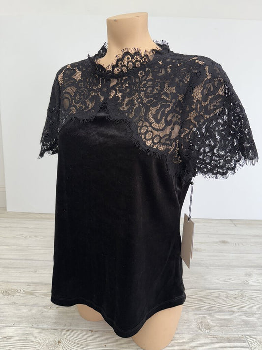 NWT Ivanka Trump Short Sleeve Black Velvet & Lace Top Sz.L /rb