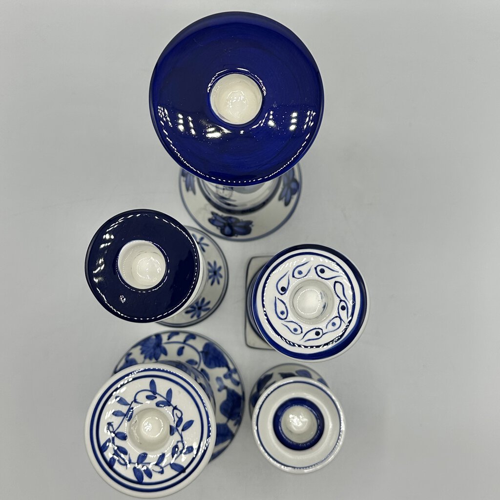 Set of 5 Vintage Lillian Vernon Blue And White Floral Porcelain Taper Candle Sticks /cb