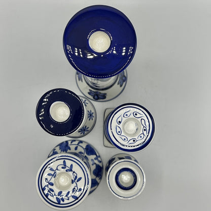 Set of 5 Vintage Lillian Vernon Blue And White Floral Porcelain Taper Candle Sticks /cb