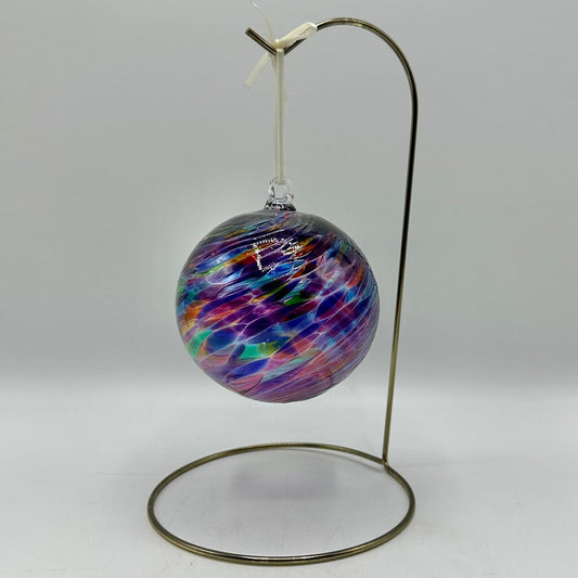Studio Art Glass Handblown Multicolor Swirl 4” Hanging Ornament, Witch Ball, Orb, Sphere w/Stand /cb