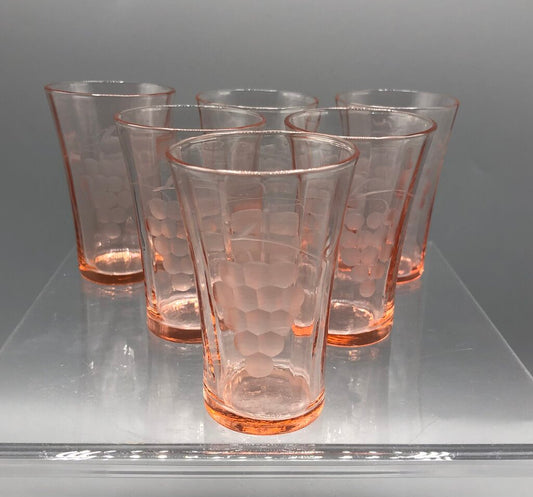 Set of 6 Etched Pink Depression Glass Juice Glasses /b
