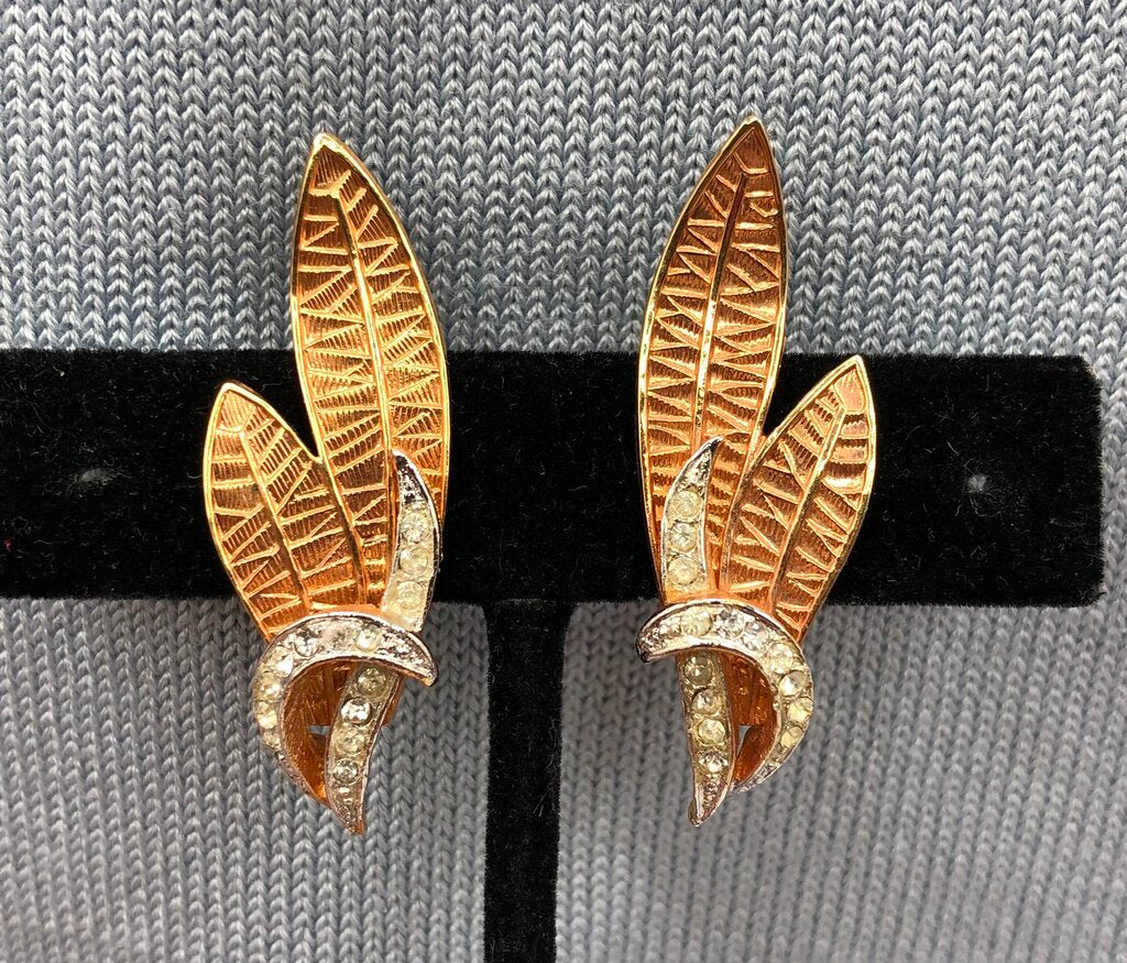 Vintage Corocraft Clip EarringsRhinestone & Leaves Design /b