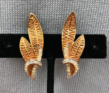 Vintage Corocraft Clip EarringsRhinestone & Leaves Design /b