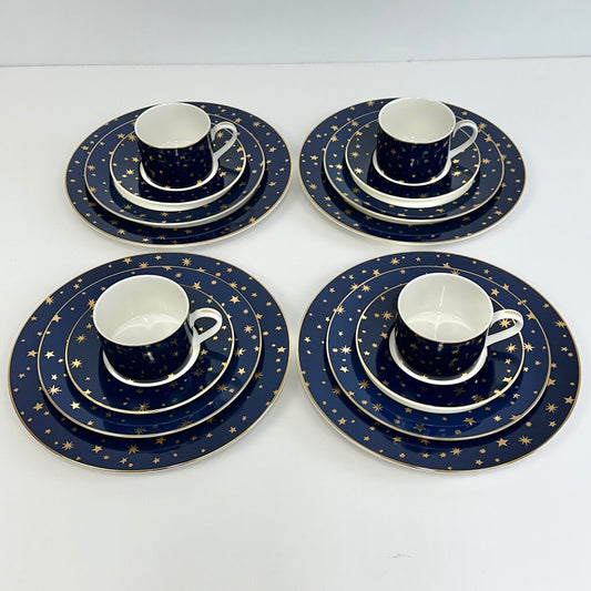16-Piece Galaxy Blue by Sakura Dinnerware Set For 4-Dinner & Salad Plates Cups & Saucers-14kt Gold Stars & Trim Made In Indonesia /cb