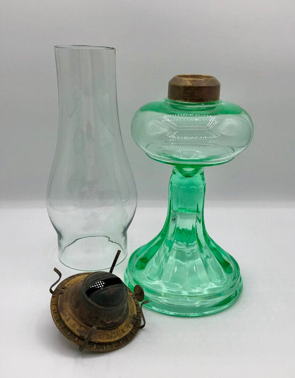 Vintage 1930’s Green Uranium Glass Hurricane Oil Lamp /b
