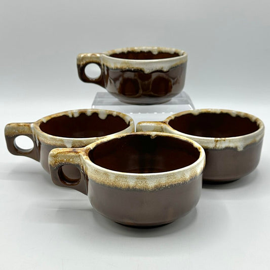 Vintage Western Stoneware Brown Drip Glaze Soup Mugs-Set Of 4-Maple Leaf WS Stamped /cb