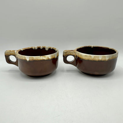 Vintage Western Stoneware Brown Drip Glaze Soup Mugs-Set Of 4-Maple Leaf WS Stamped /cb