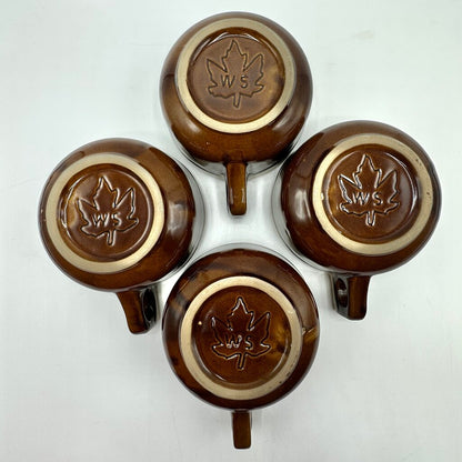 Vintage Western Stoneware Brown Drip Glaze Soup Mugs-Set Of 4-Maple Leaf WS Stamped /cb