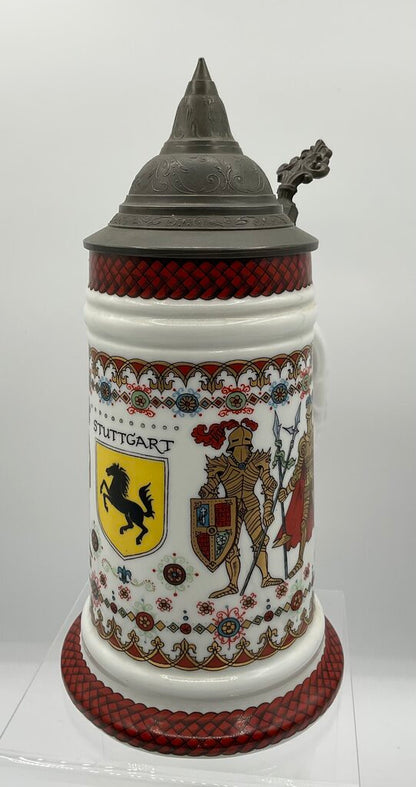 Vintage Ceramic Beer Stein “Stuttgart” Coat of Arms with Pewter Lid Made in Western Germany /s