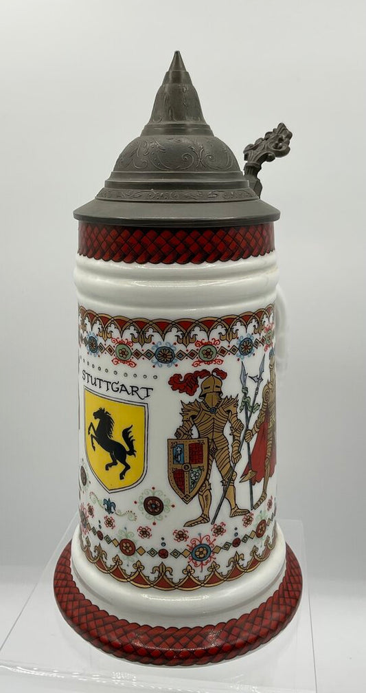 Vintage Ceramic Beer Stein “Stuttgart” Coat of Arms with Pewter Lid Made in Western Germany /s