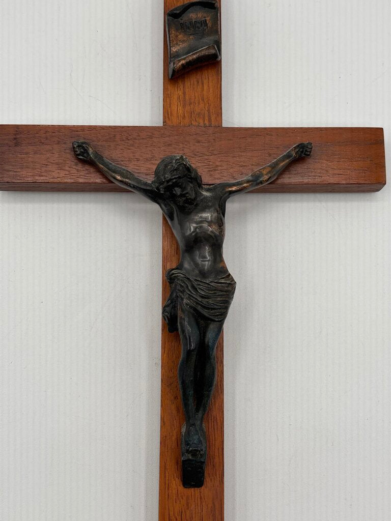 Vtg. Wood & Brass Crucifix INRI /j