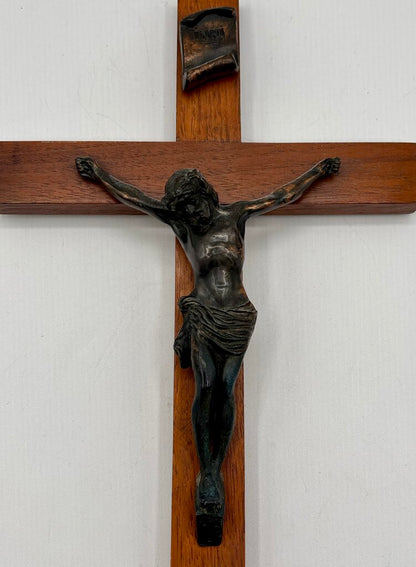 Vtg. Wood & Brass Crucifix INRI /j