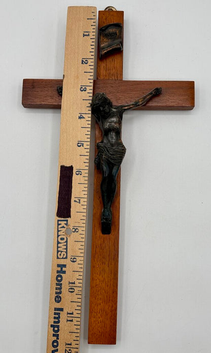 Vtg. Wood & Brass Crucifix INRI /j
