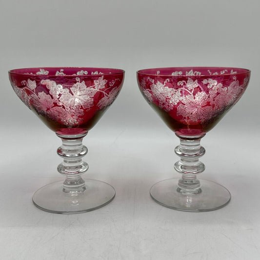 2 Vintage Bryce 688-1 Cranberry Glass Low Sherbets Etched Grapes & Vines /cb