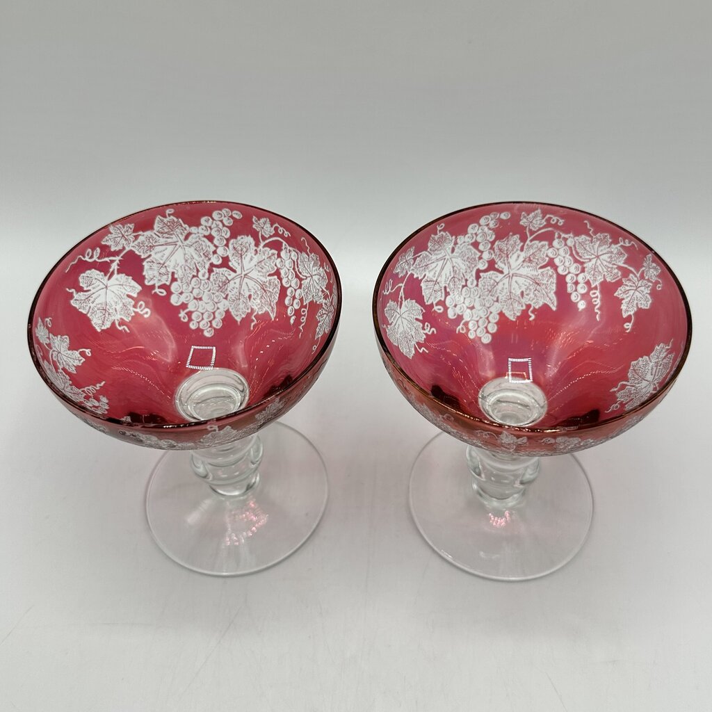 2 Vintage Bryce 688-1 Cranberry Glass Low Sherbets Etched Grapes & Vines /cb