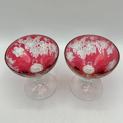 2 Vintage Bryce 688-1 Cranberry Glass Low Sherbets Etched Grapes & Vines /cb